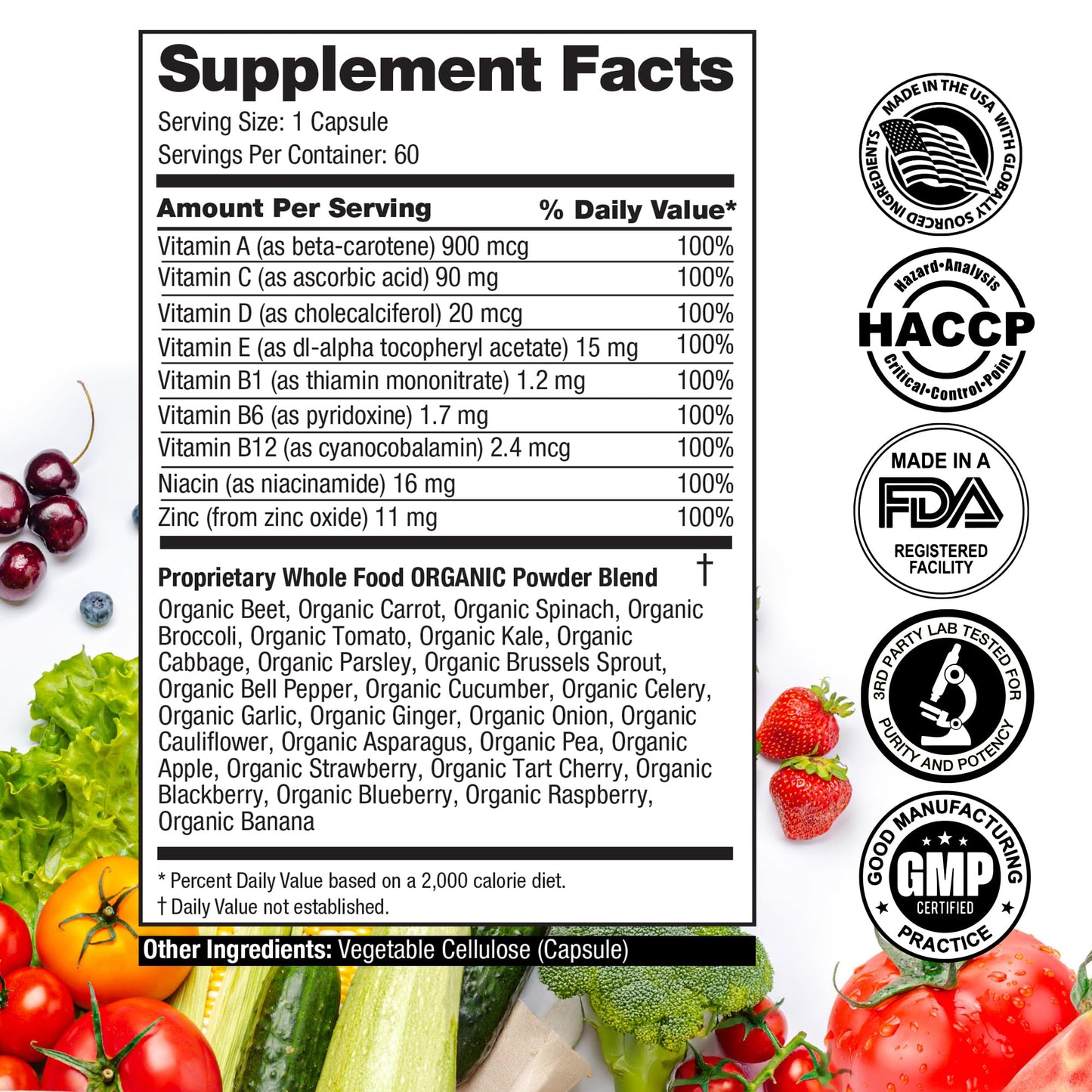 FeelGood Vita Fruits & Veggies Capsules – 25 Superfood Ingredients Multivitamin, 60 Count for Men & Women
