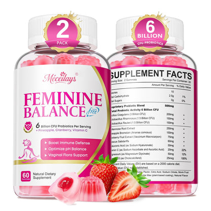 Feminine Balance Gummies for Women, Premium Ph Balance Gummies with Probiotic for Vaginal Flora Balance, Immune Support Supplement, Gluten-Free, Strawberry Flavor with Liquid Filled, 120 Count
