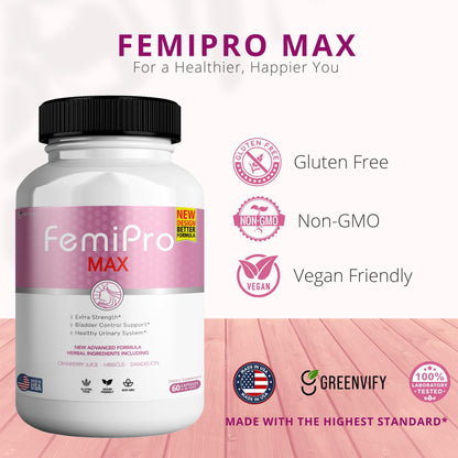 FemiPro MAX Women's Urinary Support – Extra Strength Bladder Control (60 Capsules)