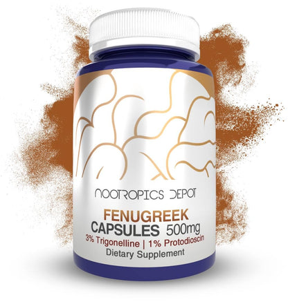 Nootropics Depot Fenugreek Extract Capsules 500mg – 180 ct | 3% Trigonelline, 1% Protodioscin | Mood, Fitness & Metabolic Support