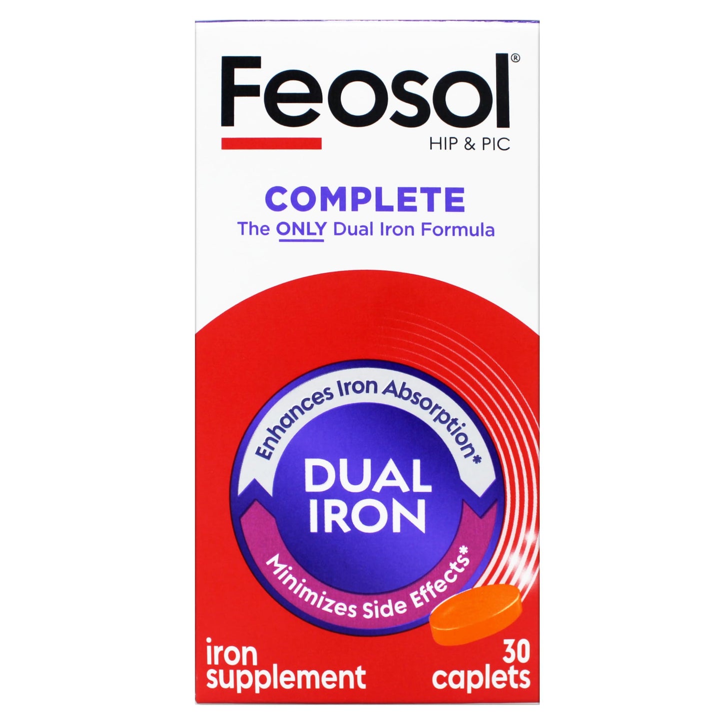 Feosol Complete Iron Supplement – Bifera HIP & PIC, 30 Caplets, Pack of 3