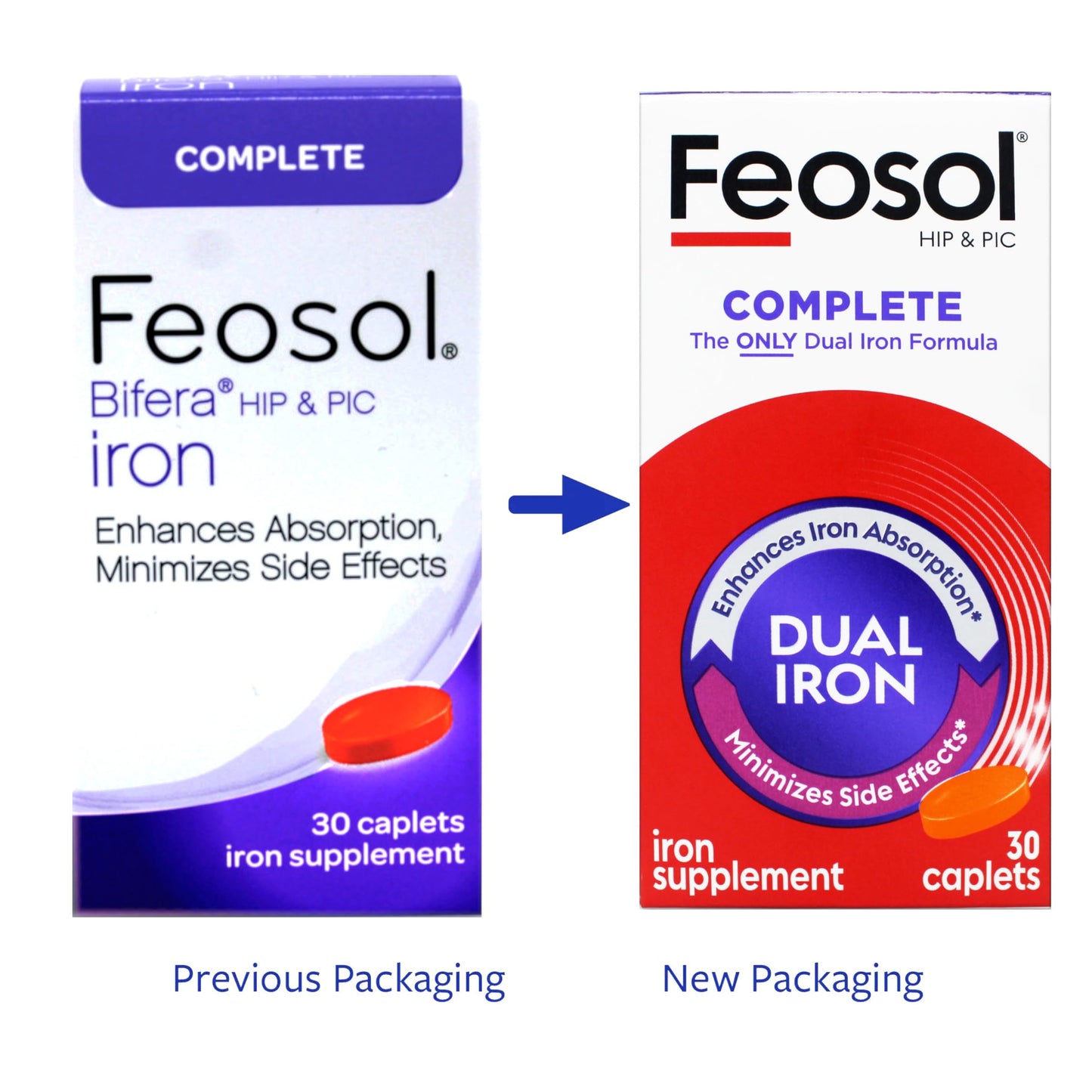 Feosol Complete Iron Supplement – Bifera HIP & PIC, 30 Caplets, Pack of 3
