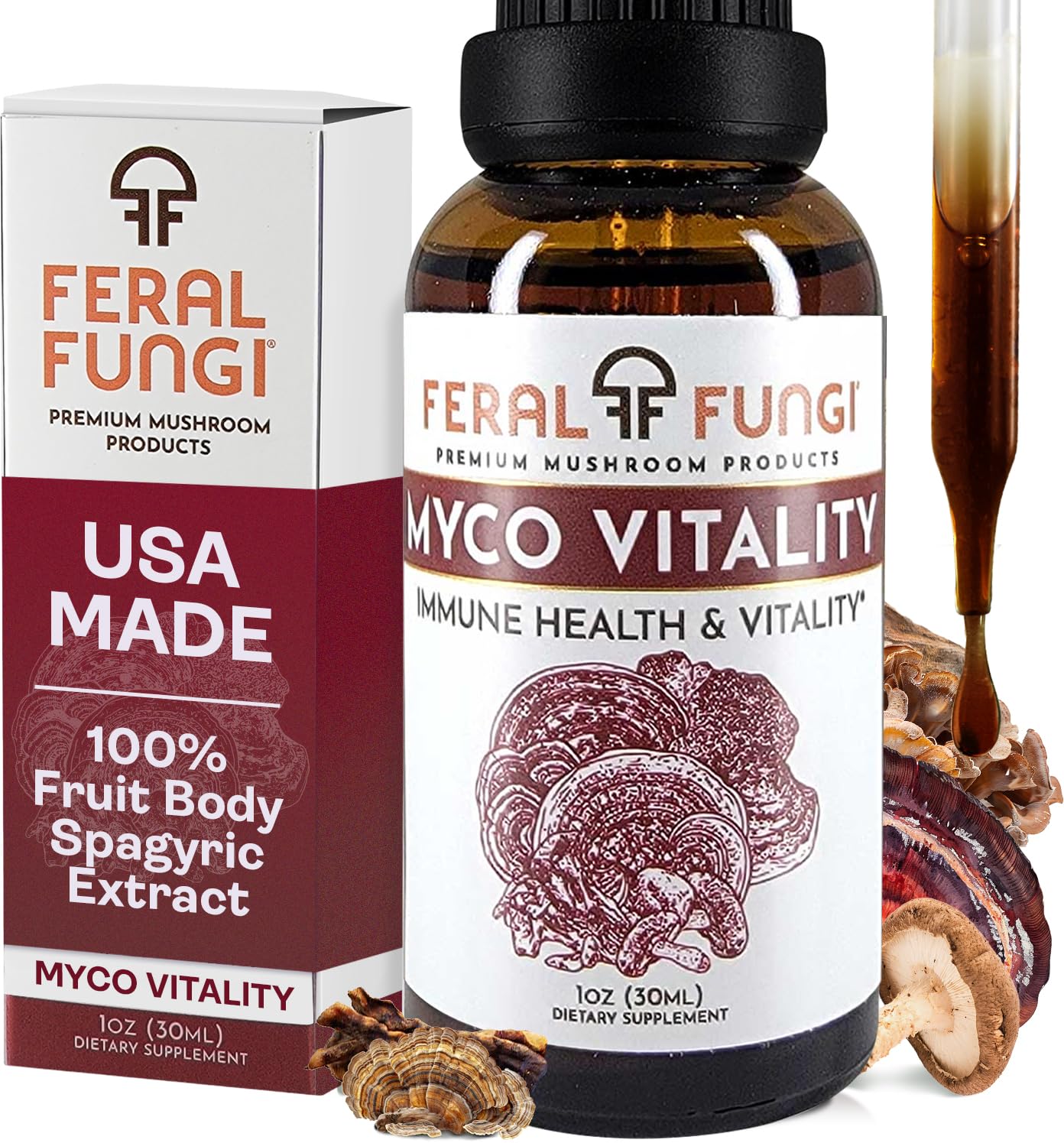 Feral Fungi Myco-Vitality Tincture – 100% Pure USA Mushroom Extract 1 oz