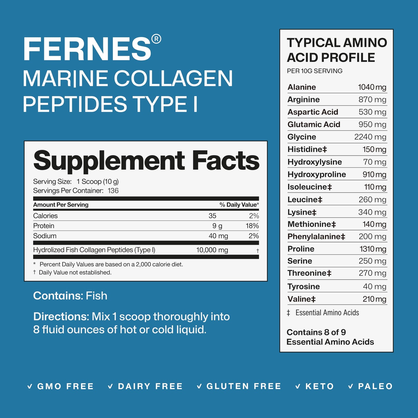 Fernes Marine Collagen Peptides – Type I Fish, Flavorless & Odorless, 3LB | Gluten-Free, Non-GMO, Keto & Paleo