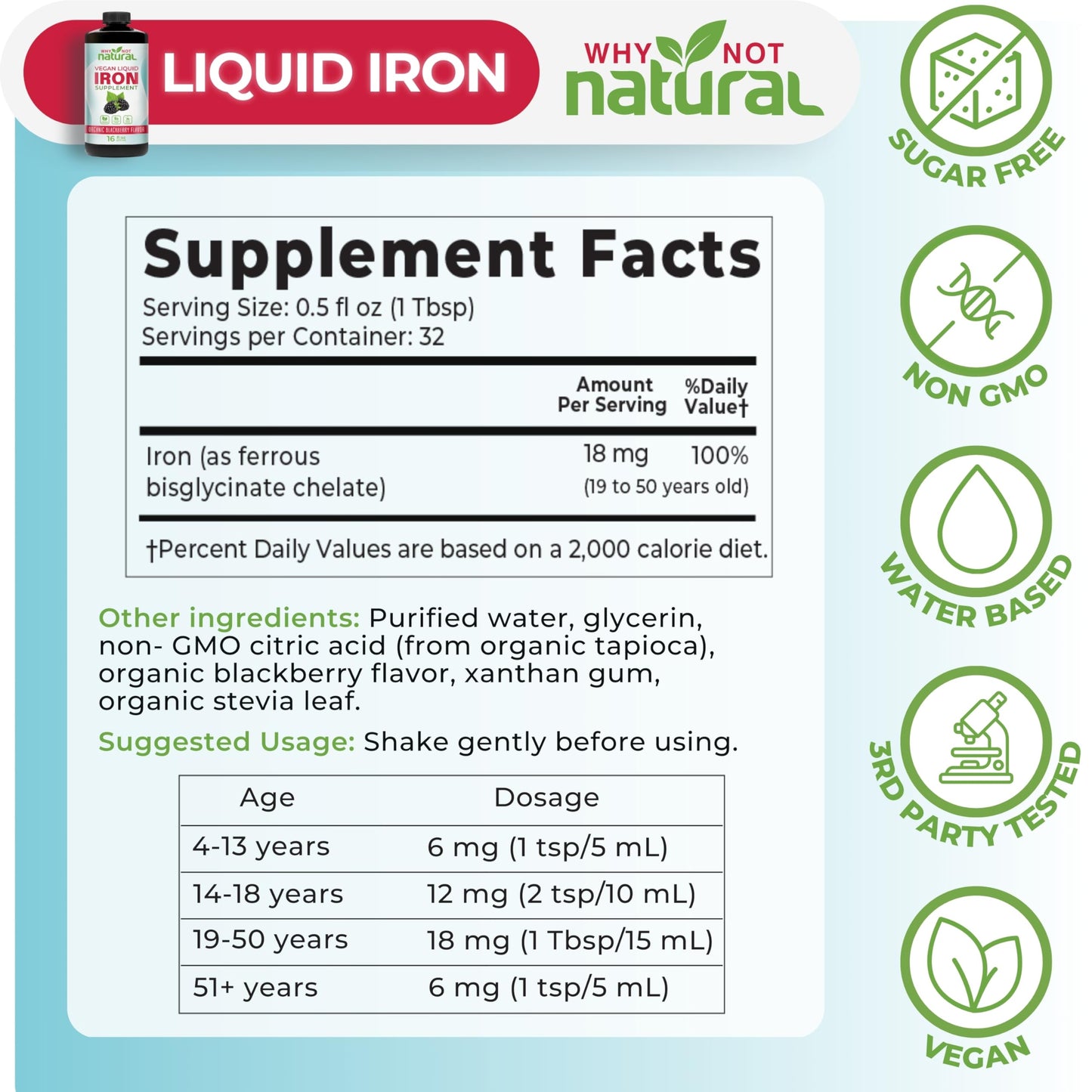 Liquid Iron Supplement – Ferrous Bisglycinate, Vegan, Blackberry 16 oz