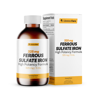 Llorens Care Ferrous Sulfate Liquid Iron 325mg – 65mg Elemental Iron, 6 oz Caramel