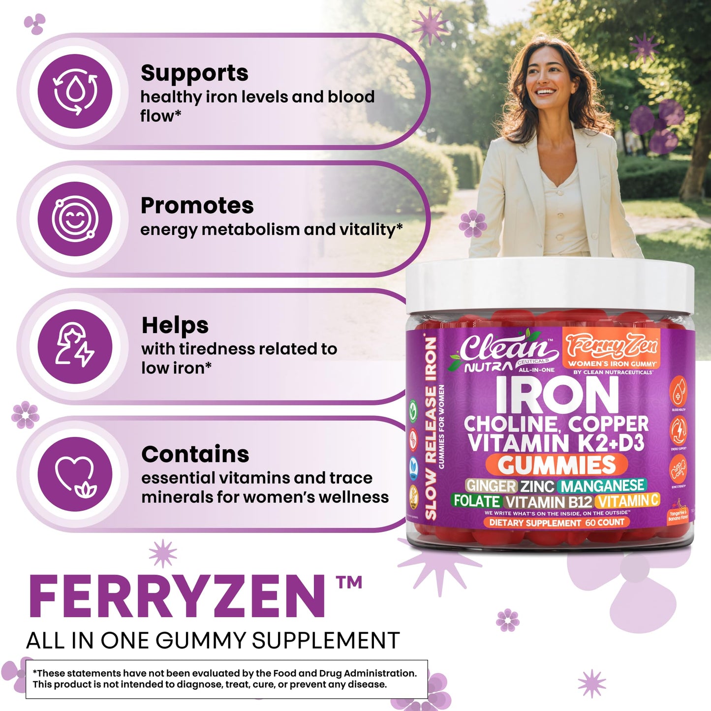 Clean Nutra FerryZen Iron Gummies for Women – Vegan, Slow-Release Iron with Choline, Copper, Vitamins K2 and D3 (60 Count)