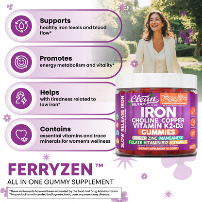 Clean Nutra FerryZen Iron Gummies for Women – Vegan, Slow-Release Iron with Choline, Copper, Vitamins K2 and D3 (60 Count)