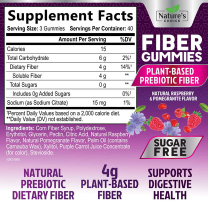 Fiber Gummies 4g - Sugar Free Plant-Based Prebiotic Gummies for Digestive Health | 120 Gummies