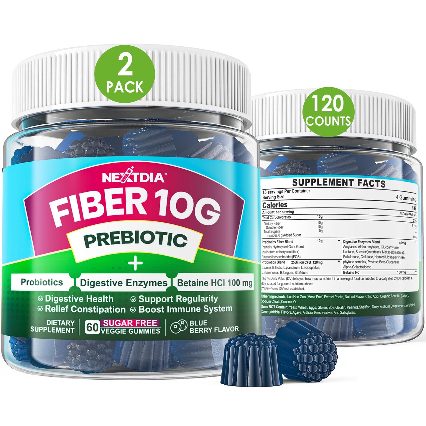 Fiber Gummies for Adults – Sugar Free 10g Prebiotic Fiber, Probiotics & Enzymes (120ct) – Vegan