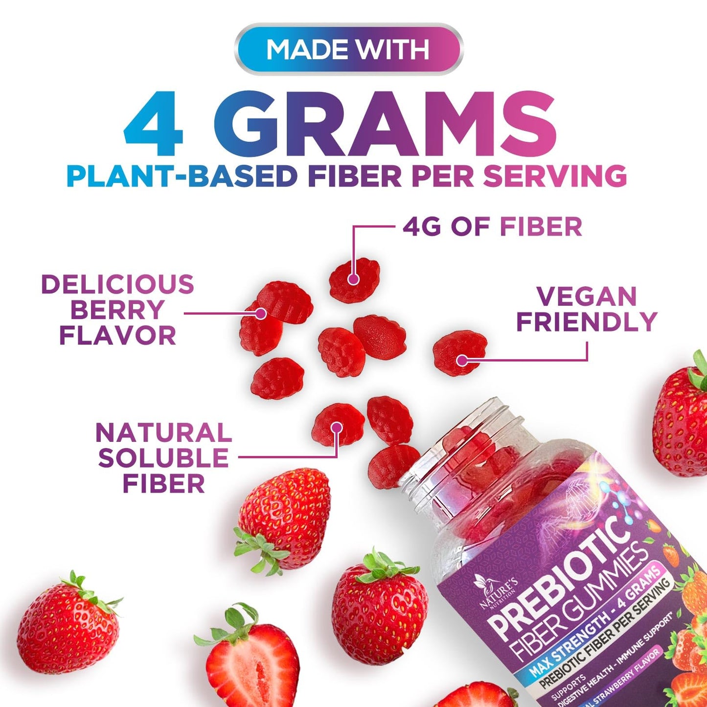 Fiber Gummies for Adults – 4g Daily Fiber Supplement | Plant-Based Prebiotic Gummy – Non-GMO 120 Gummies