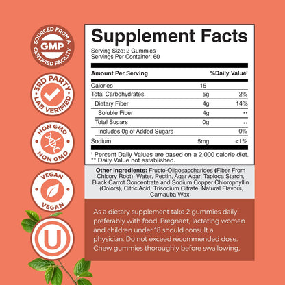 Fiber Gummies for Adults - Chicory Root Prebiotic Fiber | Sugar Free, Vegan, 120 Count