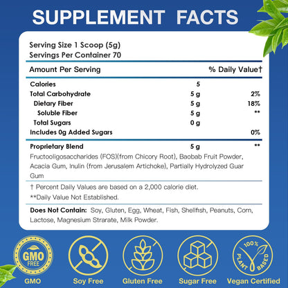 Fiber Supplement - Prebiotic 5g Soluble Fiber (Acacia & Inulin) | Gluten Free & Vegan | 70 Servings