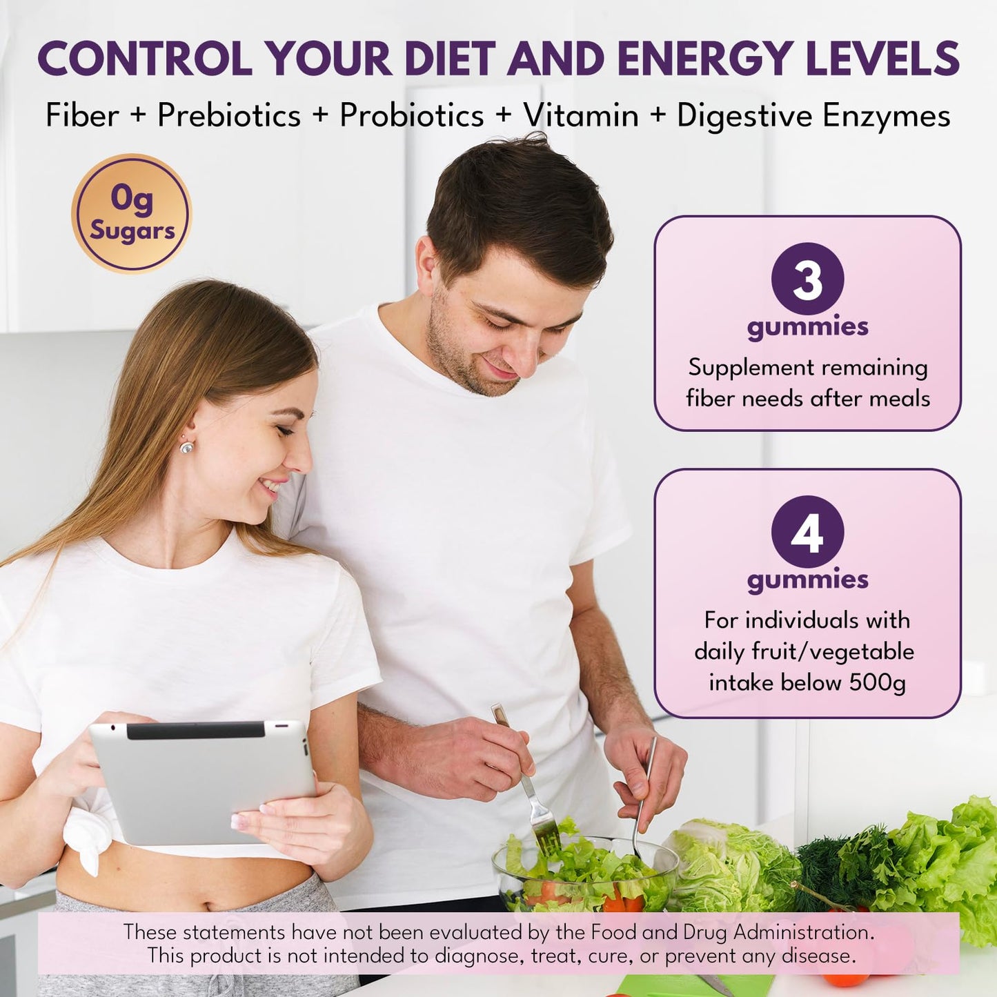 Fiber Gummies for Adults - Sugar Free, 7g All-in-1, 60B CFU Probiotic, 90 Ct