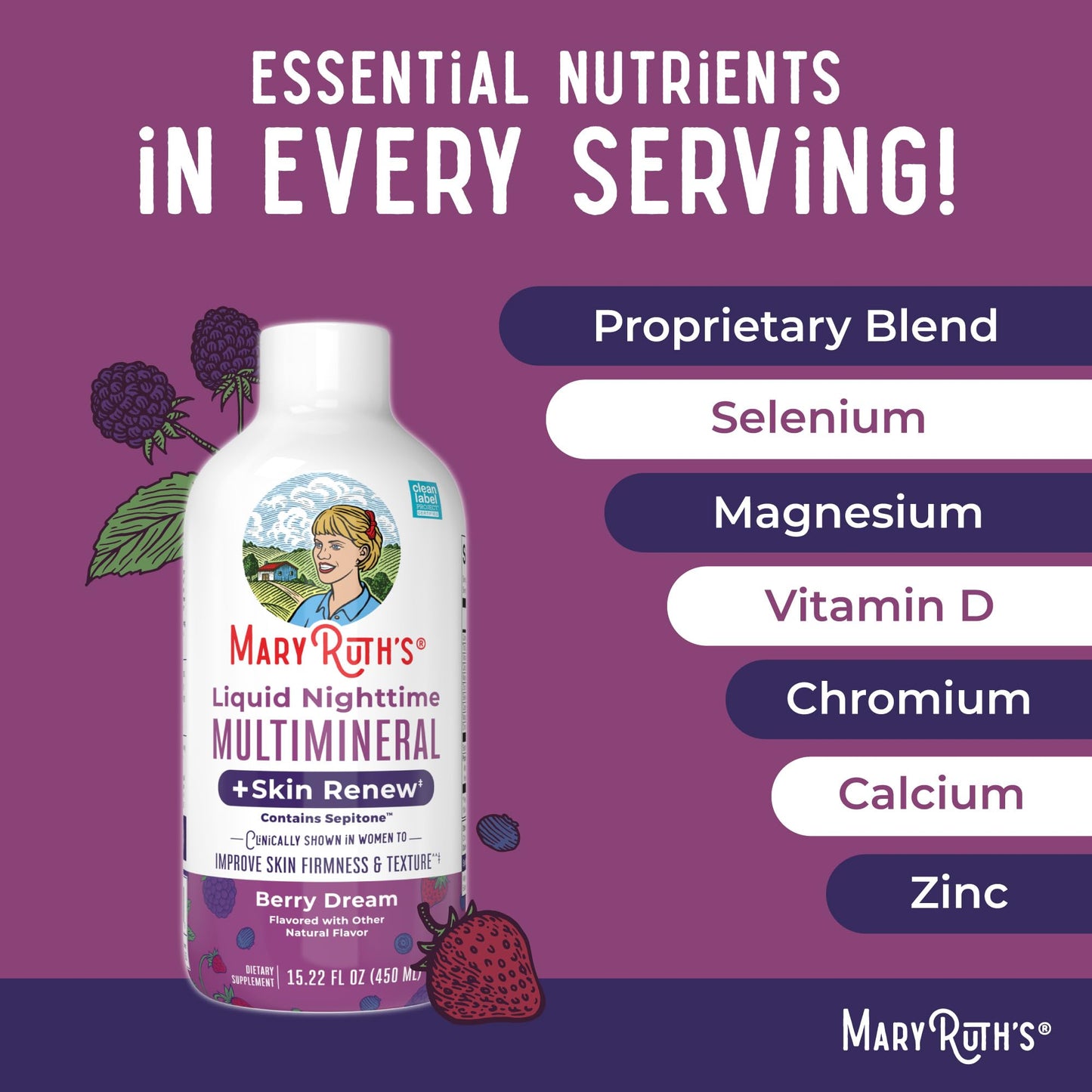 MaryRuth's Liquid Nighttime Multimineral + Skin Renew | Sepitone, No Melatonin, Vegan, 15 Servings