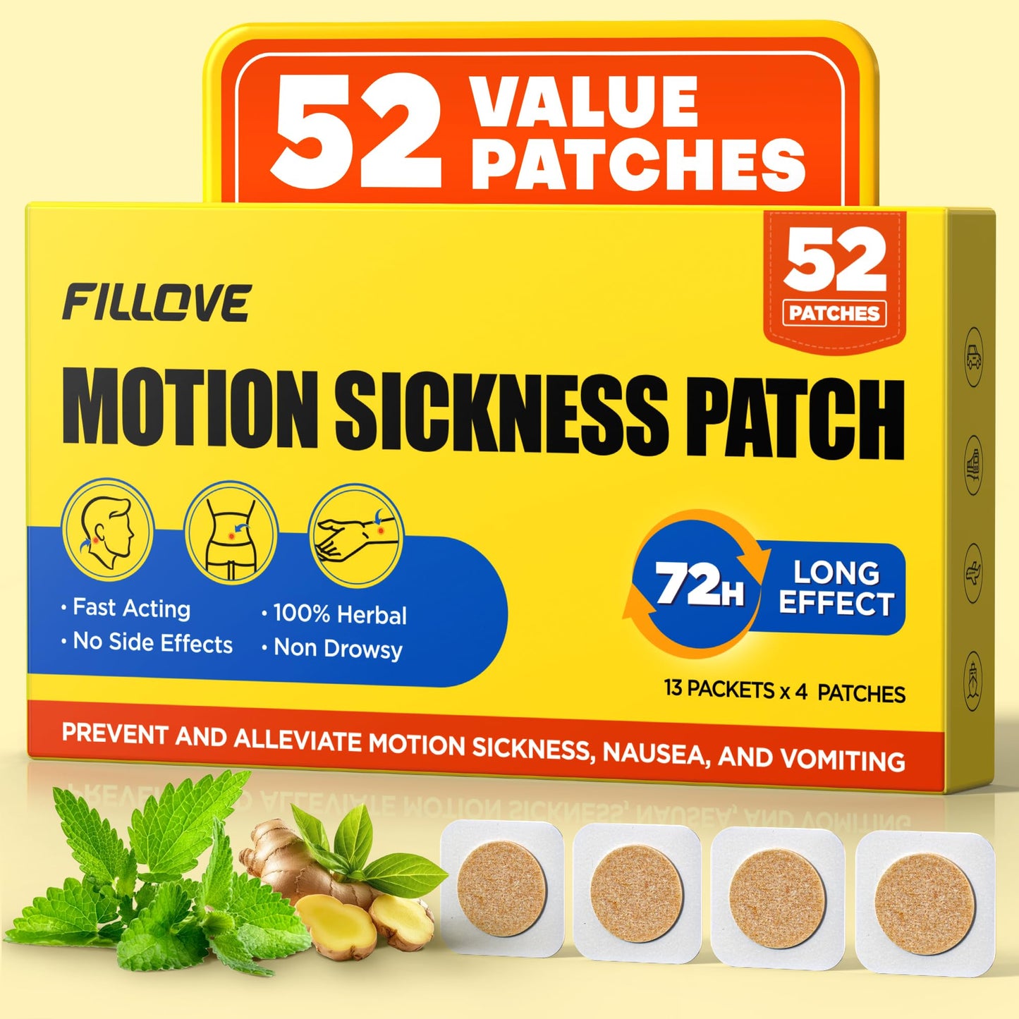 FILLOVE 52ct Motion Sickness Patches – Non-Drowsy, 72H Lasting Relief
