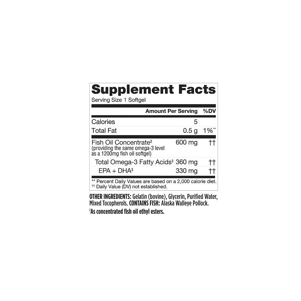 Finest Nutrition Half-the-Size Fish Oil 1200 mg Softgels – 200 ea | MSC Certified & USA Made