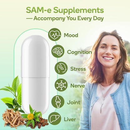 SAM-e Supplement – Capsule Complex with Ashwagandha, L-Theanine, Rhodiola, St. John’s Wort, Omega-3, Magnesium, B Vitamins & D3 (60 Capsules)