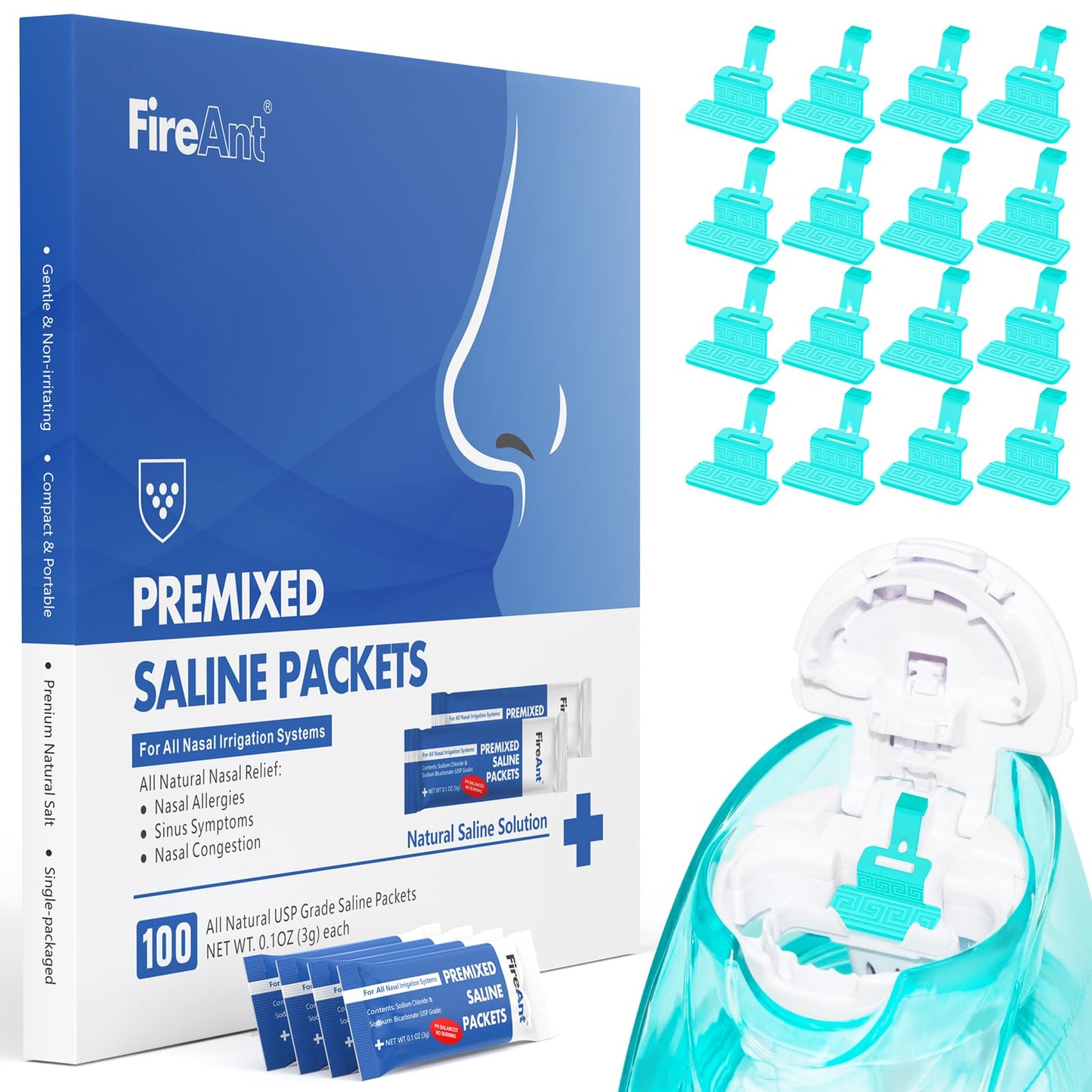 FireAnt 100 Saline Packets & 16 Silicone Pods Refills Set for Navage Nasal Care