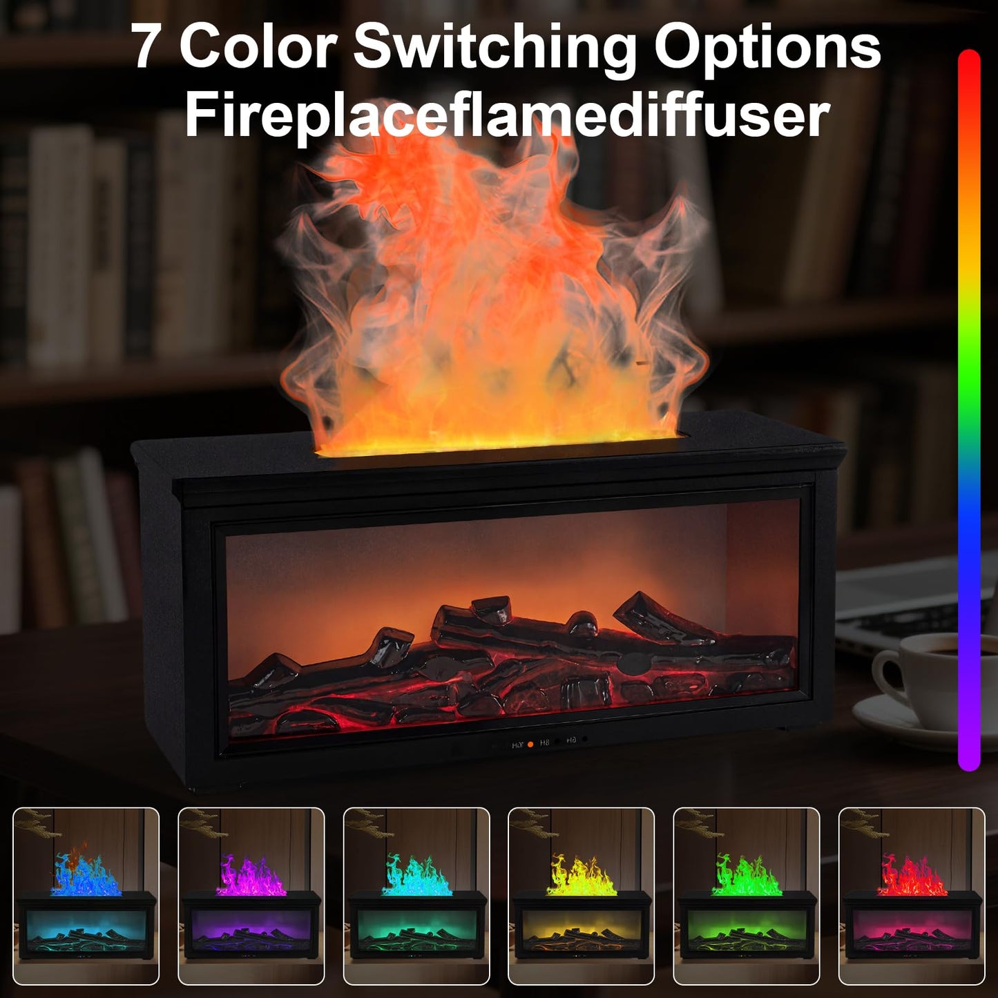 Fireplace Flame Diffuser Humidifier - 7-Color Flame, Ultrasonic Aroma, Remote, Auto-Off (Black)