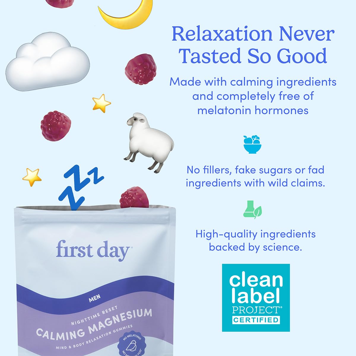 First Day Men's Nighttime Reset Magnesium Gummies – Sleep Support, Mood & Energy (No Melatonin) – 30-Day Supply