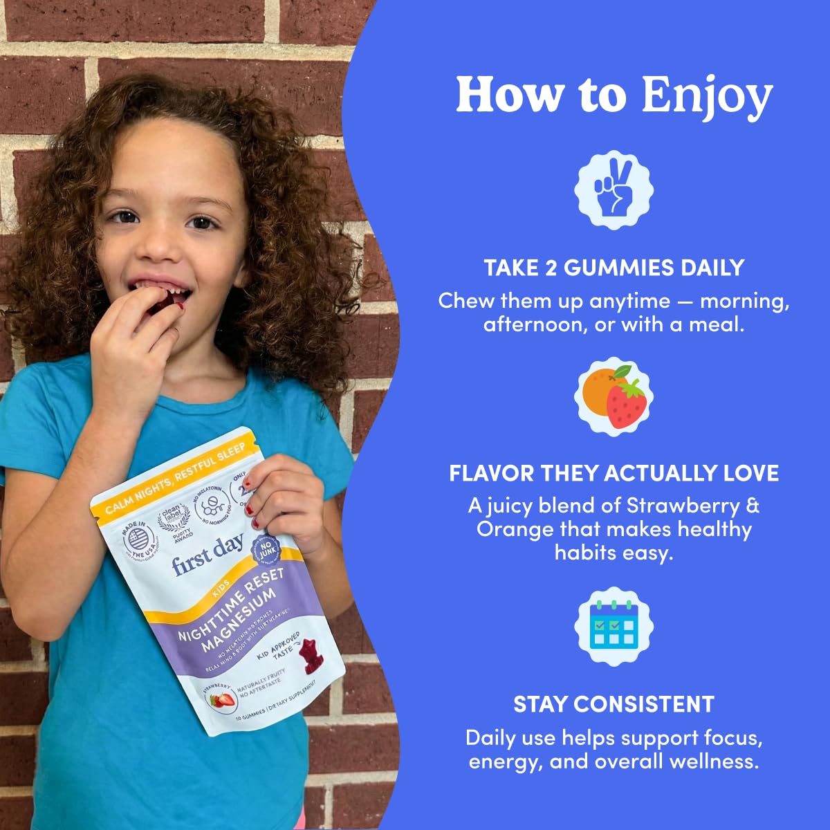 FIRST DAY Kids Magnesium Citrate Gummies (Ages 4+) — No Melatonin, Suntheanine L-Theanine, Strawberry | 30-Day Supply
