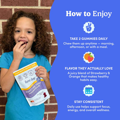 FIRST DAY Kids Magnesium Citrate Gummies (Ages 4+) — No Melatonin, Suntheanine L-Theanine, Strawberry | 30-Day Supply
