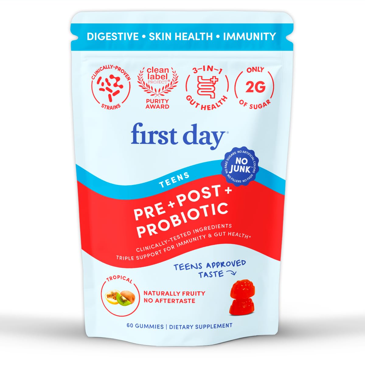 FIRST DAY Teens’ Gut Sustainer Gummies – 3-in-1 Prebiotic, Probiotic & Postbiotic