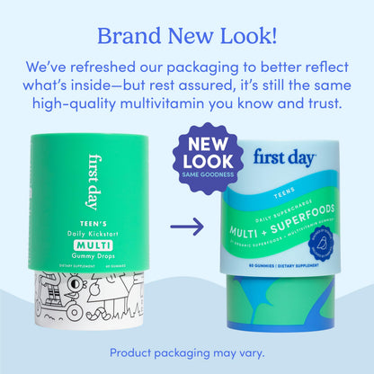 First Day Vitamins for Teens | Teen Multivitamin for Girls & Boys 12-17 | Organic Fruit & Veggie Blend | 60 Day Supply