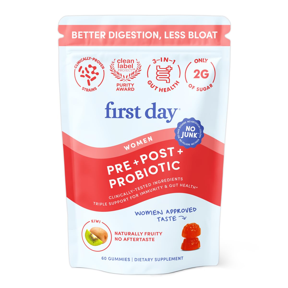 FIRST DAY Women’s Good Gut Tribiotic Gummies – 3-in-1 Probiotic, Prebiotic & Postbiotic (30-Day Supply)