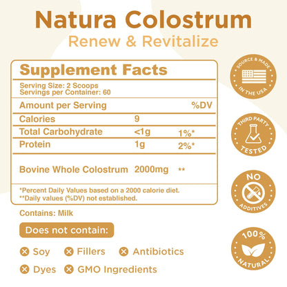 Grass-Fed Bovine Colostrum Powder - 60 Servings | Pure First-Milking IgG 25% | USA Sourced