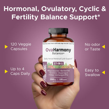 FIRSTORGANIC OvaHarmony Balance+ | 2960mg - 17-in-1 | Herbal PCOD/PCOS & Menstural Cycle Support | Feminine Everyday Wellness Formula | Third-Party Tested, Vegan, Non-GMO, Gluten Free | 120 Capsules