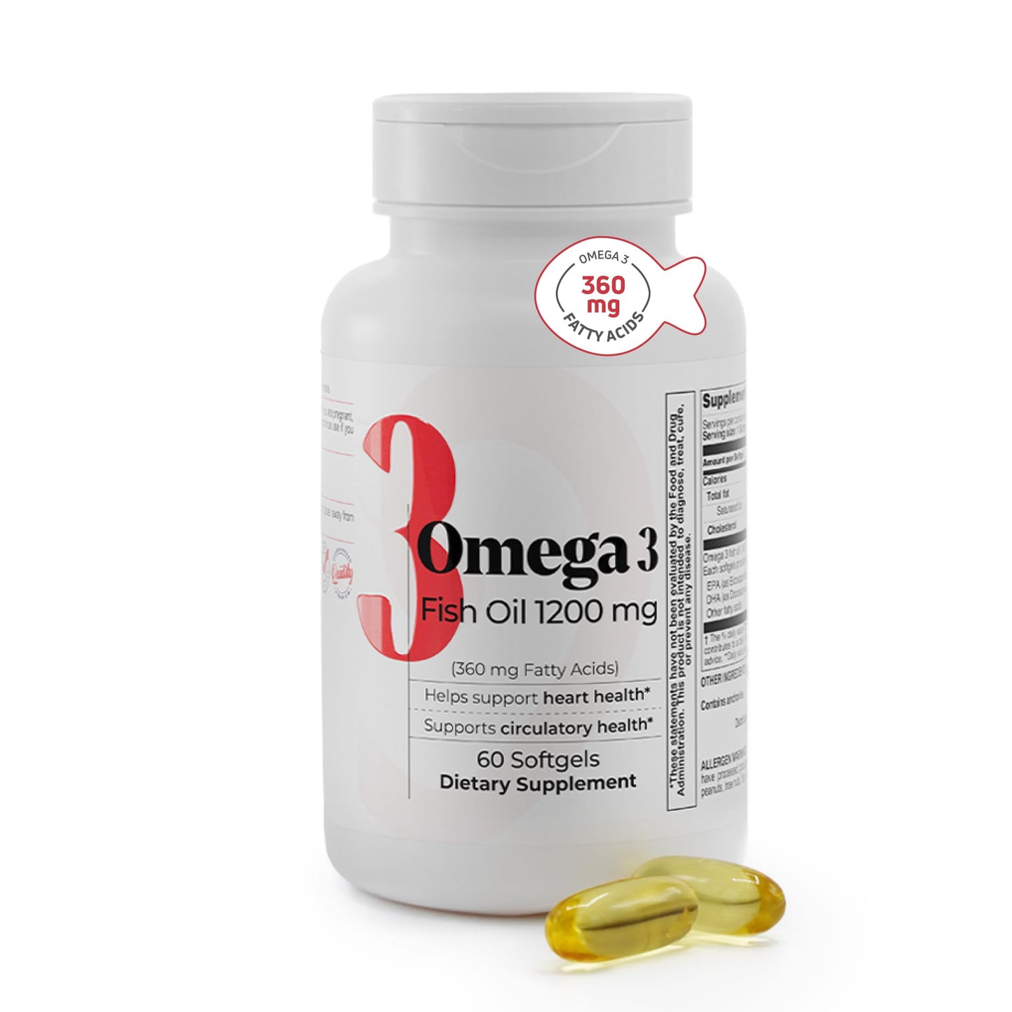 Fish Oil 1200 mg | 360 mg Omega-3s for Heart, Circulation & Brain Health – 60 Softgels