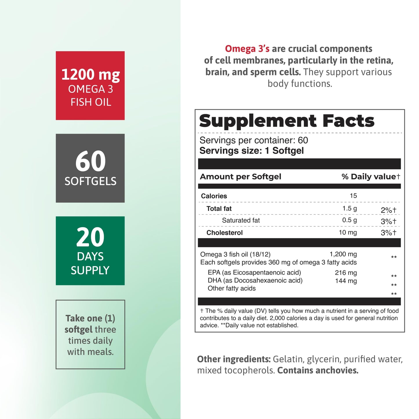 Fish Oil 1200 mg | 360 mg Omega-3s for Heart, Circulation & Brain Health – 60 Softgels