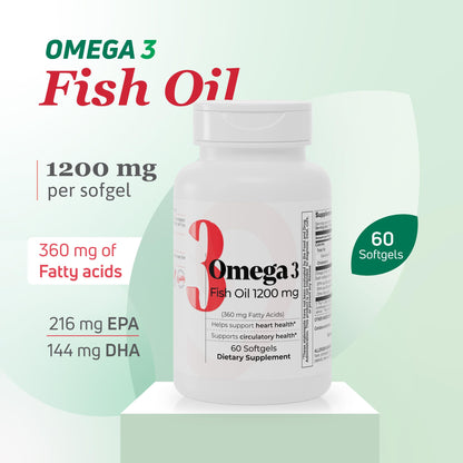 Fish Oil 1200 mg | 360 mg Omega-3s for Heart, Circulation & Brain Health – 60 Softgels