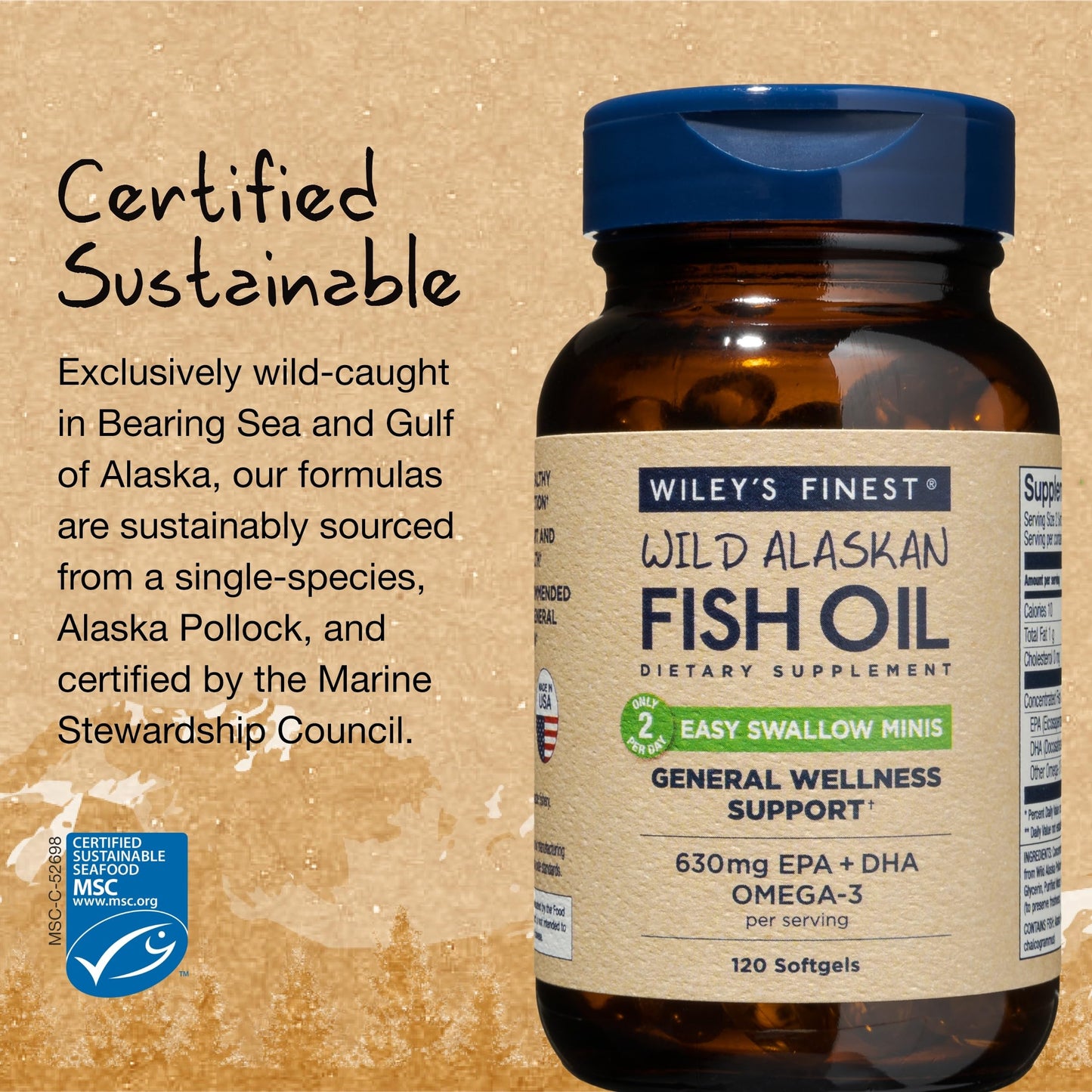Wiley's Finest Wild Alaskan Fish Oil Easy Swallow Minis – 630mg EPA/DHA | 120 Mini Softgels
