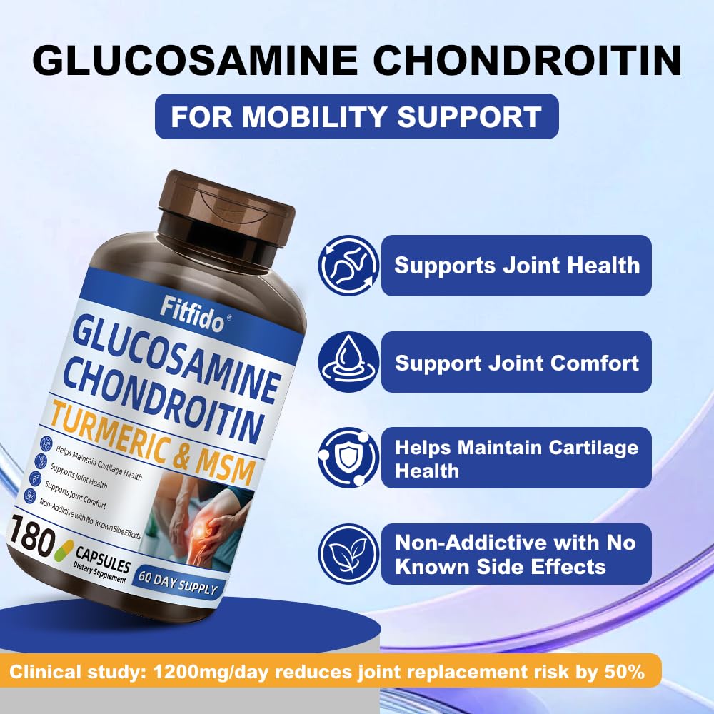 Fitfido Glucosamine Chondroitin MSM and Turmeric - Joint Health & Mobility, 180 Capsules