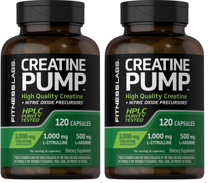 Fitness Labs Creatine Monohydrate Capsules | 120 Powder Pills | 3000mg | German Creatine for Women and Men | Creapure Pump Supplement | Plus Nitric Oxide Precursor | HPLC Tested | Non-GMO (Pack of 2)