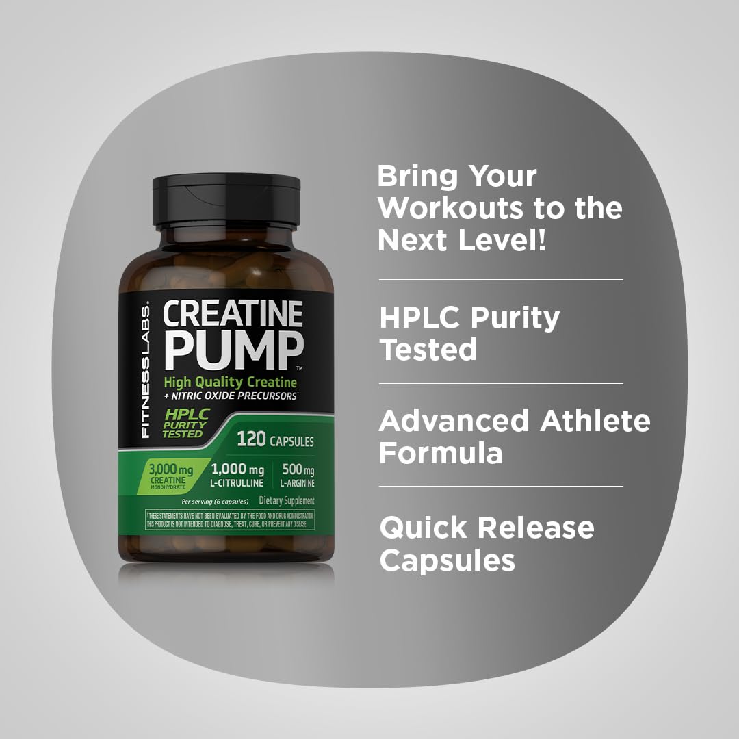 Fitness Labs Creatine Monohydrate Capsules | 120 Powder Pills | 3000mg | German Creatine for Women and Men | Creapure Pump Supplement | Plus Nitric Oxide Precursor | HPLC Tested | Non-GMO (Pack of 2)