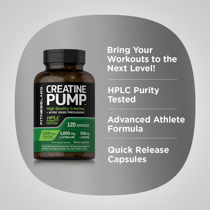 Fitness Labs Creatine Monohydrate Capsules | 120 Powder Pills | 3000mg | German Creatine for Women and Men | Creapure Pump Supplement | Plus Nitric Oxide Precursor | HPLC Tested | Non-GMO (Pack of 2)