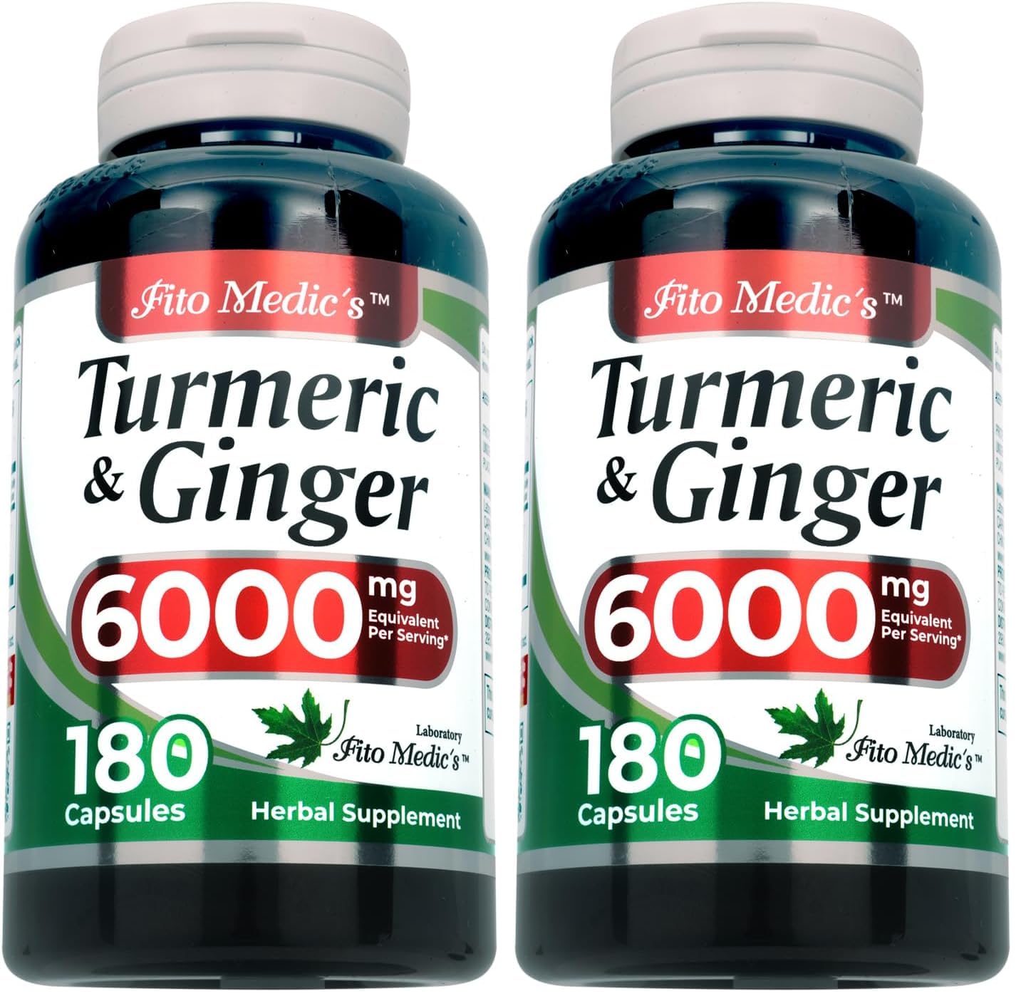 FITO MEDIC'S Lab | Turmeric and Ginger Supplement | 6000 mg | 180 Caps | Ultra high Absorption, s. (Pack of 2)