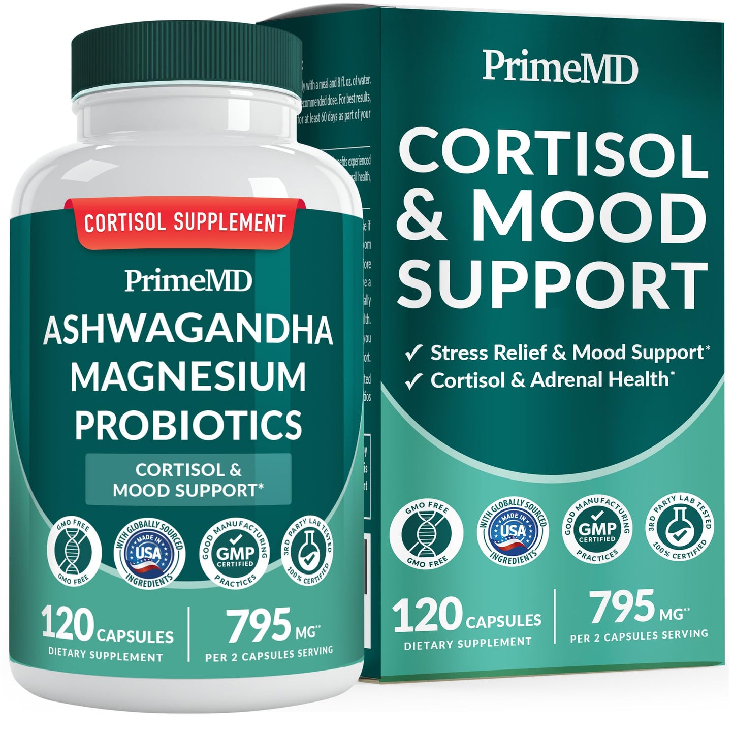 5-in-1 Cortisol Support for Women & Men – Ashwagandha, Magnesium Glycinate, Shilajit, Probiotics (120 ct)