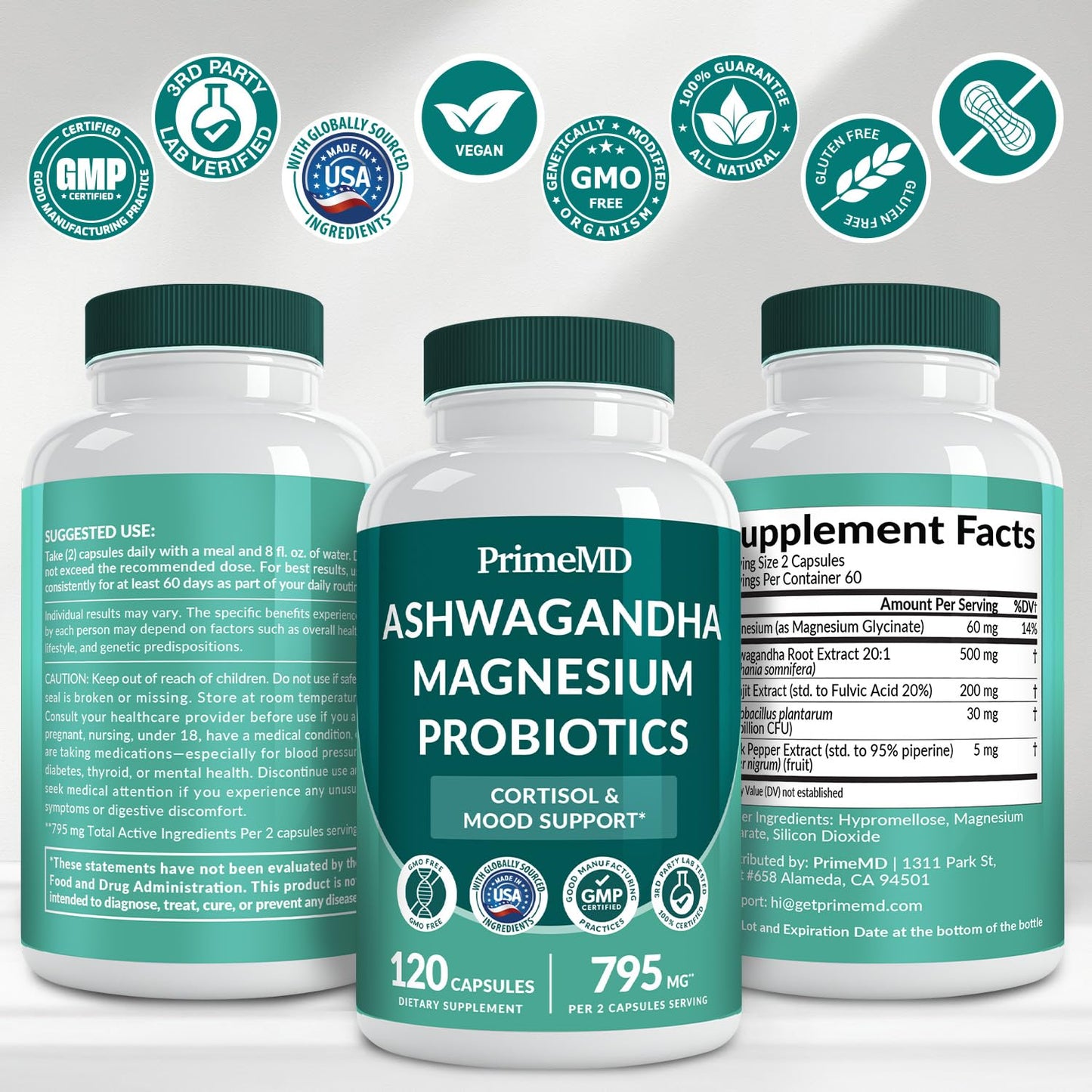 5-in-1 Cortisol Support for Women & Men – Ashwagandha, Magnesium Glycinate, Shilajit, Probiotics (120 ct)