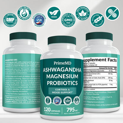 5-in-1 Cortisol Support for Women & Men – Ashwagandha, Magnesium Glycinate, Shilajit, Probiotics (120 ct)