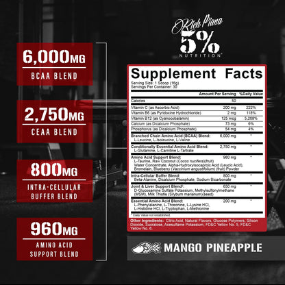 5% Nutrition Rich Piana AllDayYouMay BCAA Powder – Premium Intra & Post Workout Aminos, Mango Pineapple (16.93 oz, 30 Servings)