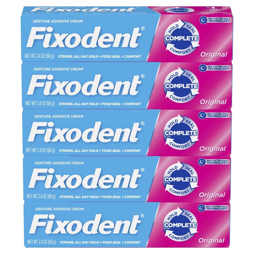 Fixodent Original Secure Denture Adhesive Cream – 2.4oz Tubes (Pack of 5) for Full & Partial Dentures