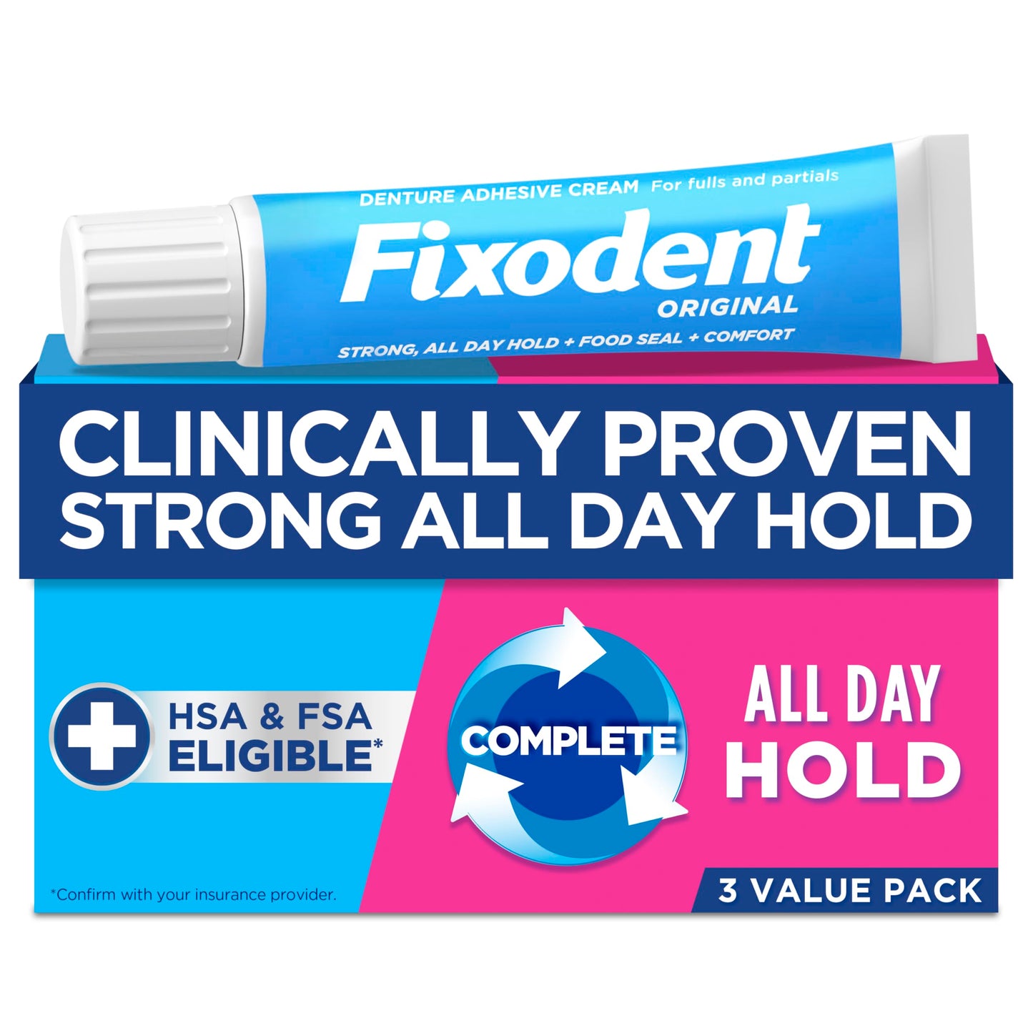 Fixodent Complete Original Denture Adhesive Cream – 2.4 oz, 3-Pack