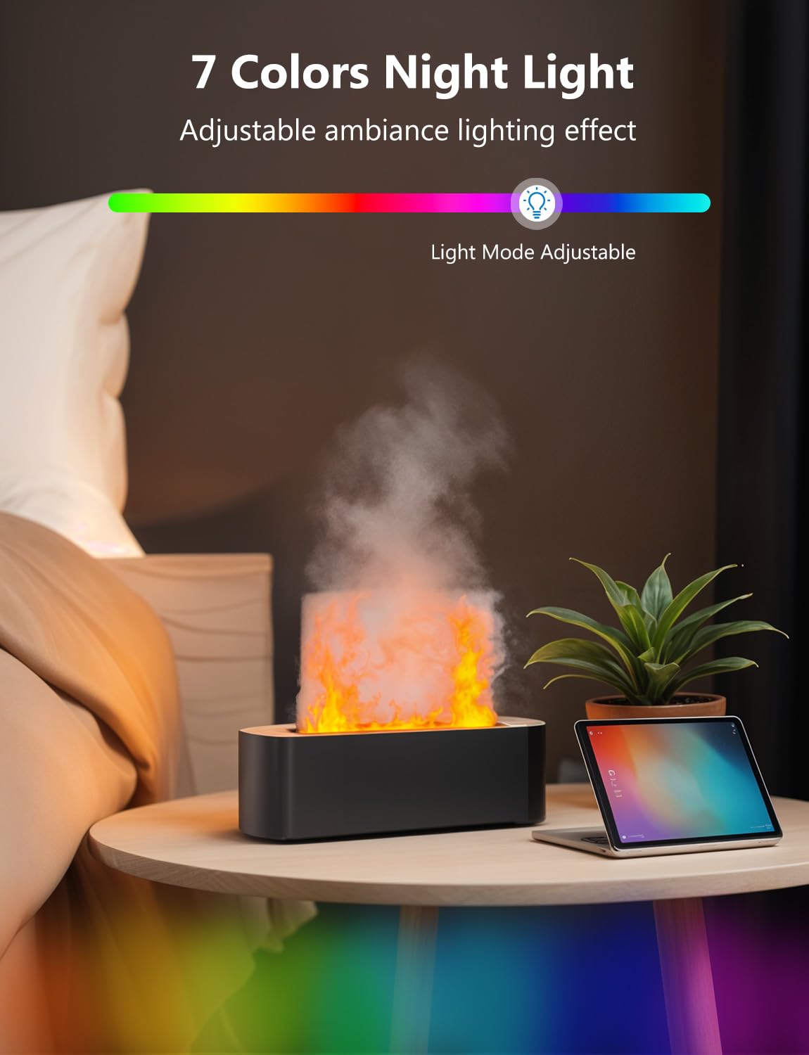 Flame Air Diffuser, Humidifier & Essential Oil Diffuser - 7 Colors, 180mL, 8h, Noiseless, Auto-Off - Black
