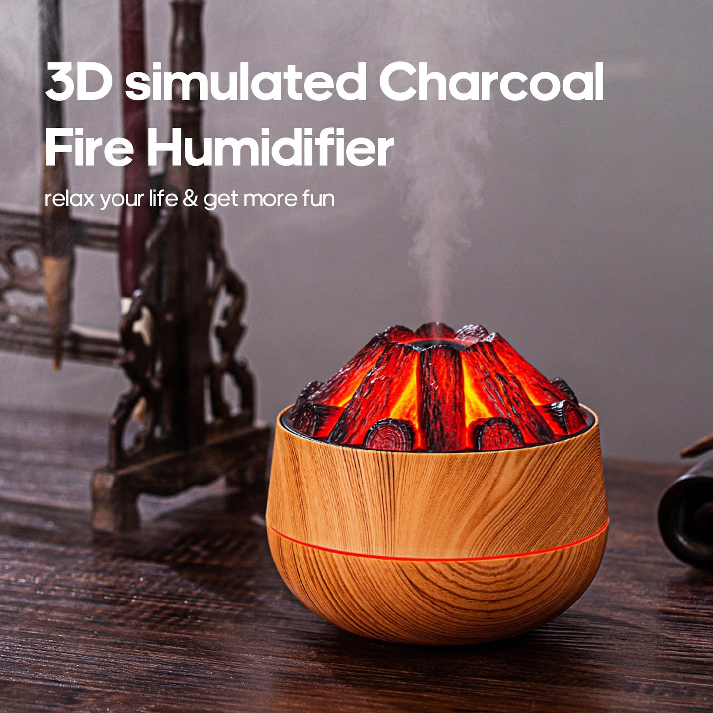 Flame Essential Diffuser Bonfire Humidifier 300ml – Ultra-Quiet Auto-Off, Wood Grain