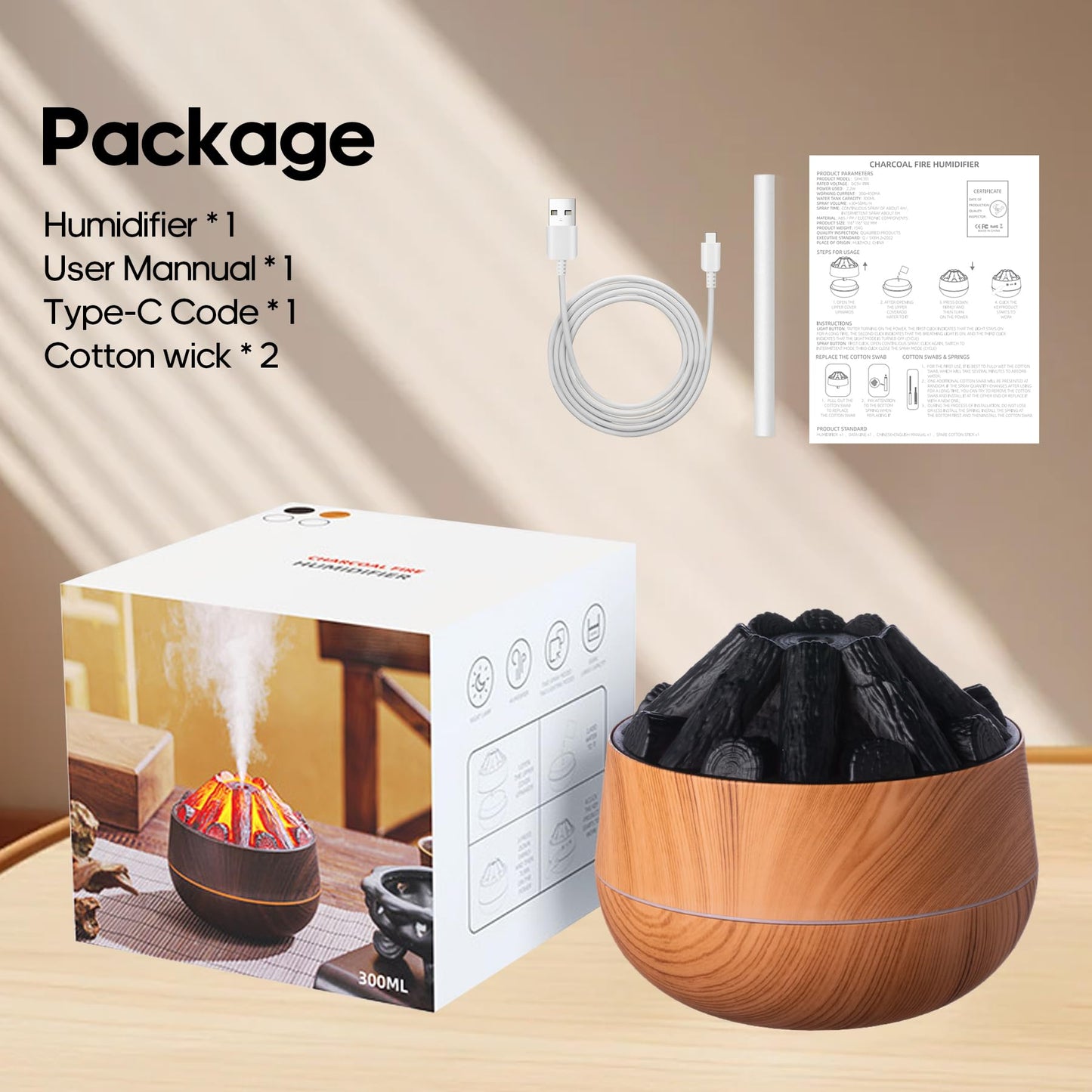 Flame Essential Diffuser Bonfire Humidifier 300ml – Ultra-Quiet Auto-Off, Wood Grain